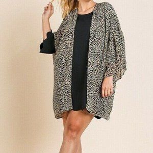 Umgee Kimono Cardigan Leopard Ruffle Bell Sleeve Plus Size Swim Suit Cover Up